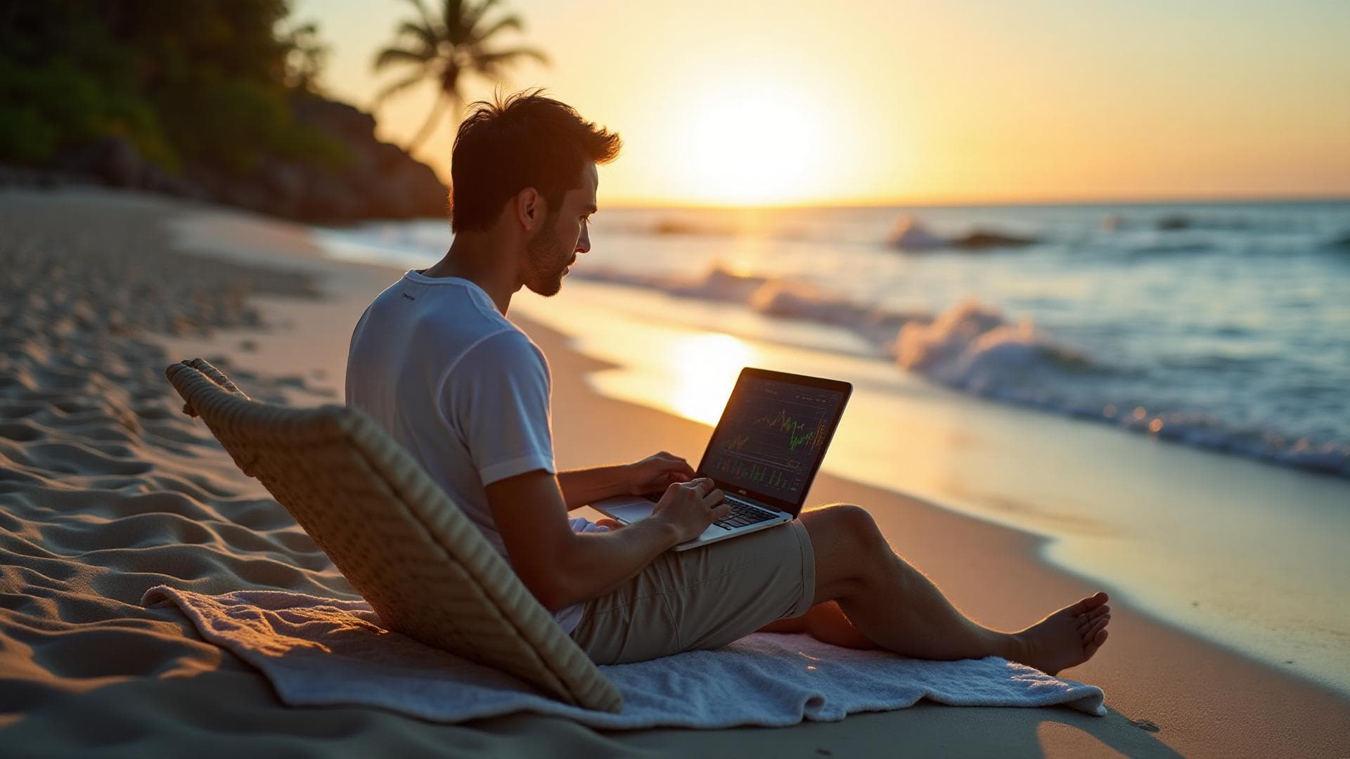 Trader working on laptop on the beach - freedom through options trading